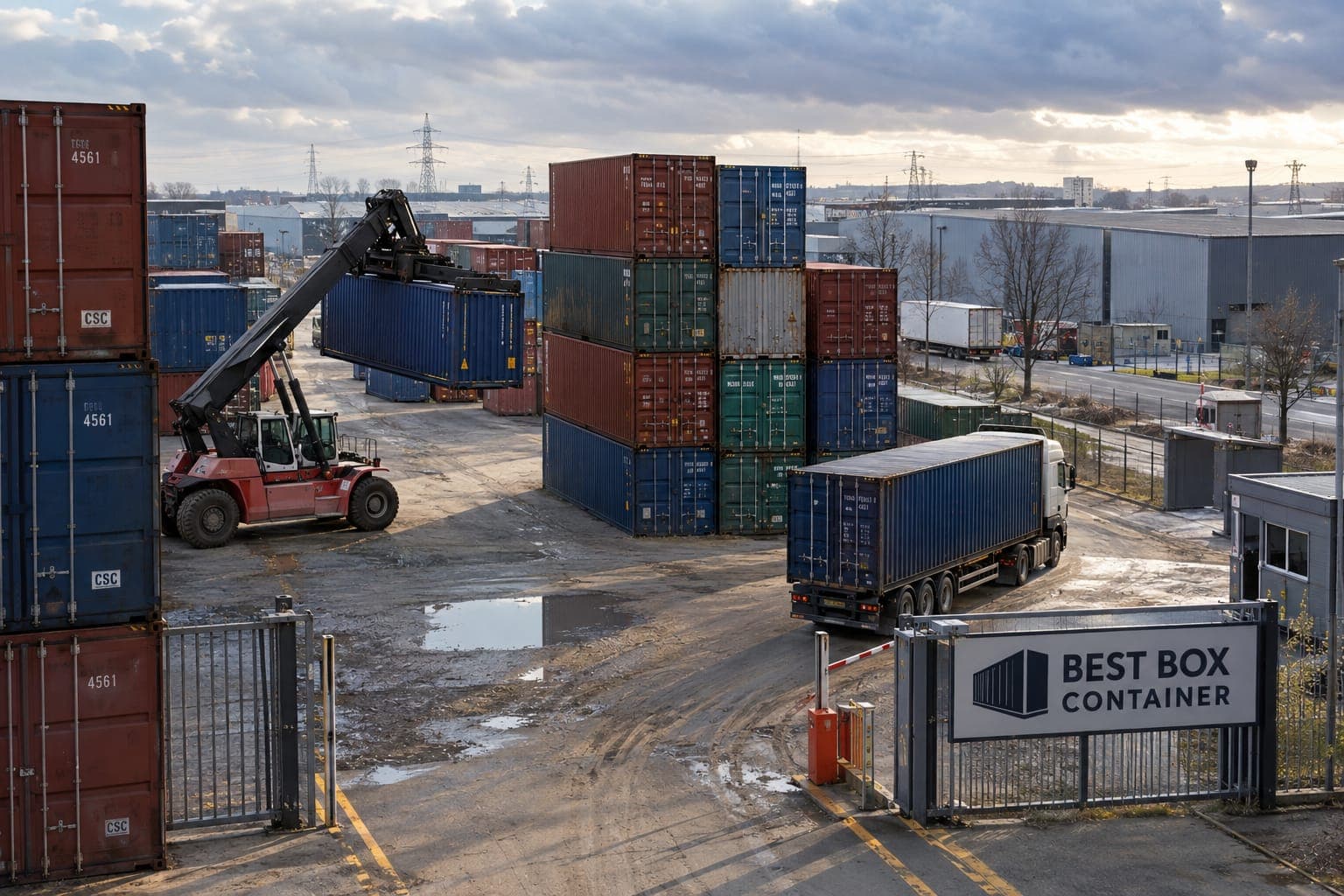 Containerplatz von BBC Best Box Containerhandel mit Reachstacker, Speditionsfahrzeug und gestapelten Containern